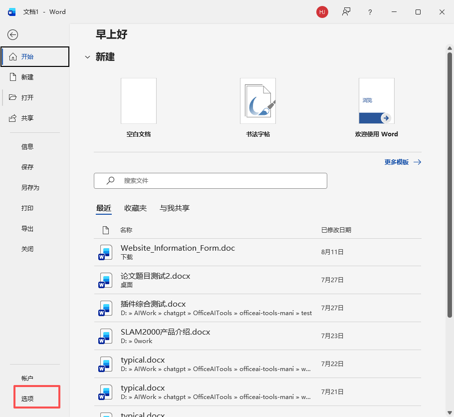 Word 文件后台页面左下角的选项入口